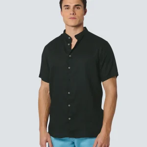 Chemise manche courte Granddad Linen Solid | Black